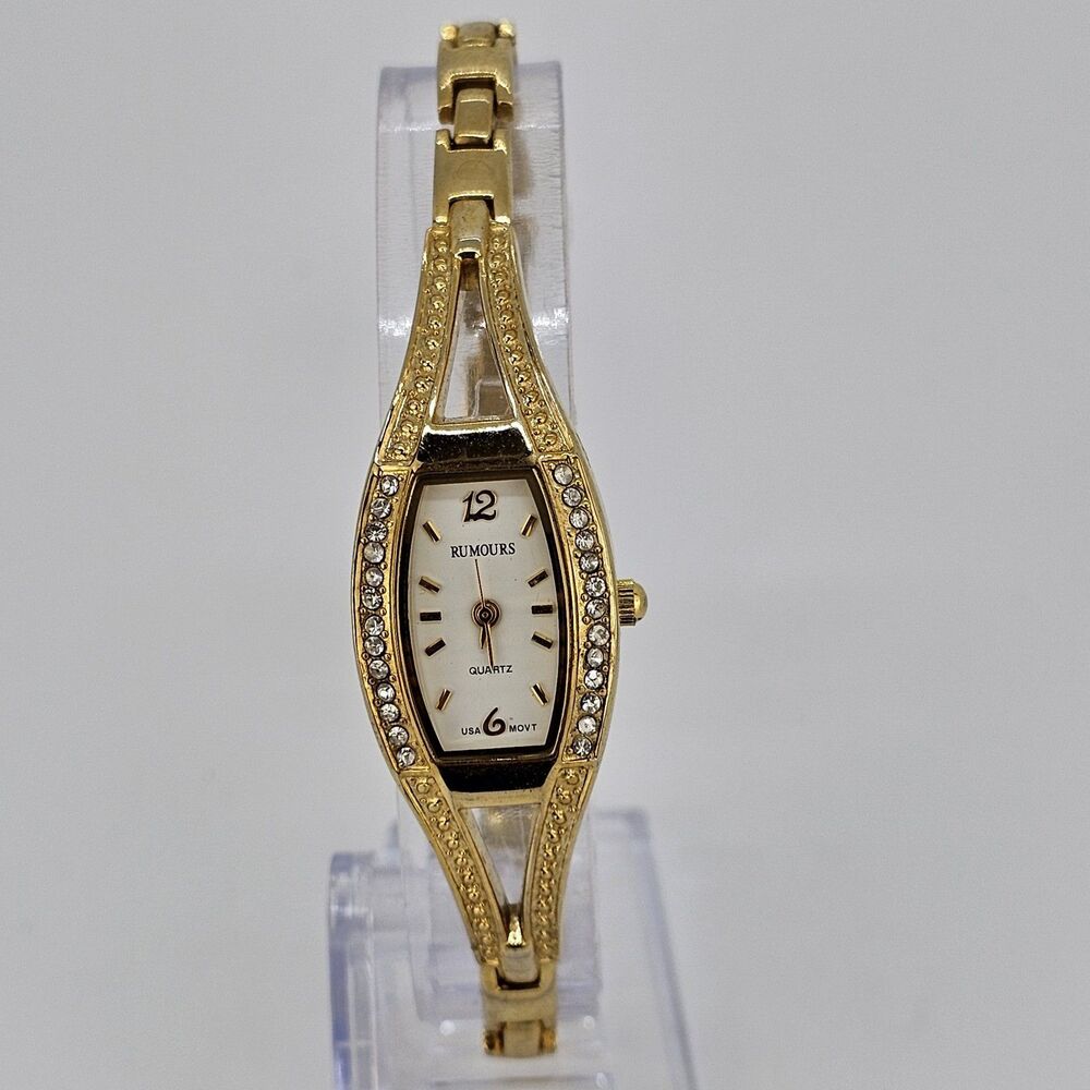 Rumours Women Watch 20MM White Dial Crystal Bezel Gold Bracelet 7.5" New Battery